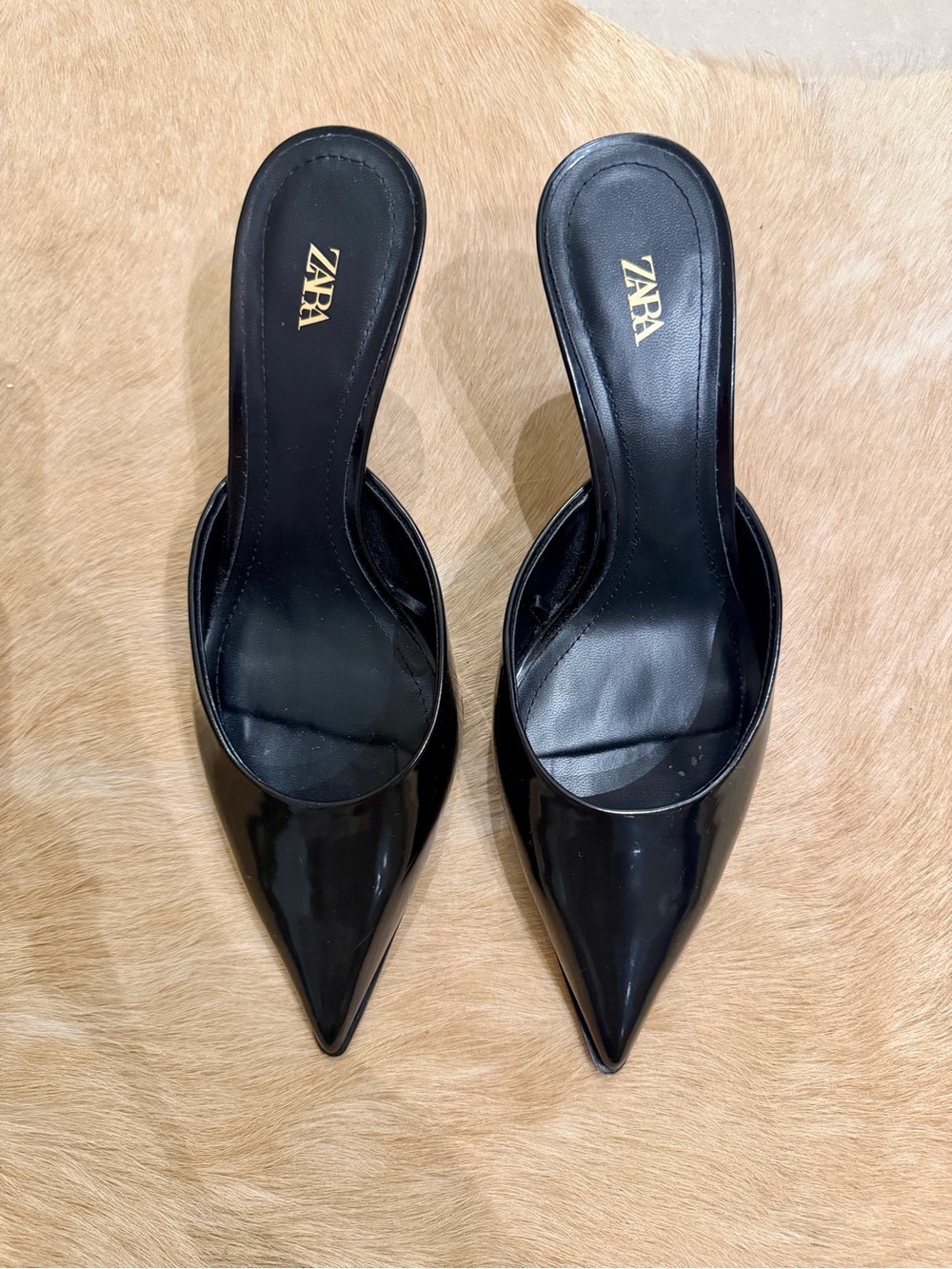 ZARA Black Patent Pointed Slip-On Mules
